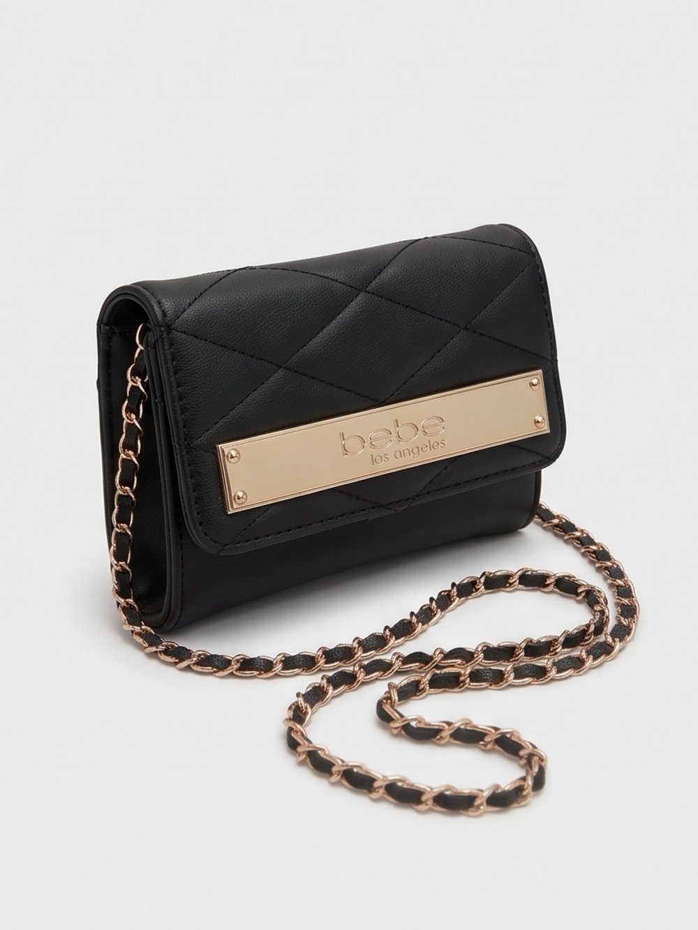 bebe Los Angeles Black Quilted Chain Crossbody Wallet Bag